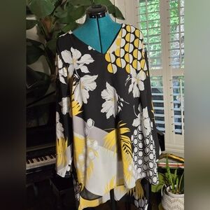Alfani High/Low Tropical Black &Yellow Women's Sheer Top w/ Lining Size 1X